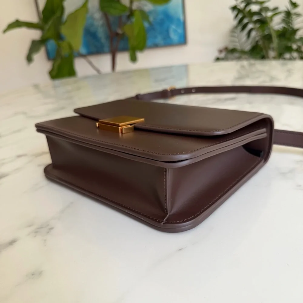 Quince Italian Leather Box Shoulder Bag Crossbody Dark Brown - Picture 7 of 16